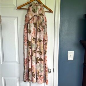 Girls Bonnie Jean Sleeveless Floral Maxi Dress in Pink and Tan Leaf Print Size10